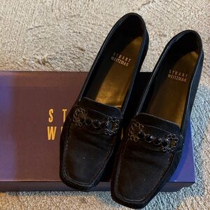 Stuart Weitzman Black Suede Loafers with Chain Detail